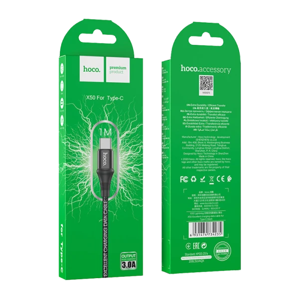 Кабель HOCO X50 USB (m)-Type-C (m) 1.0м 3.0A нейлон черный (1/31/310)