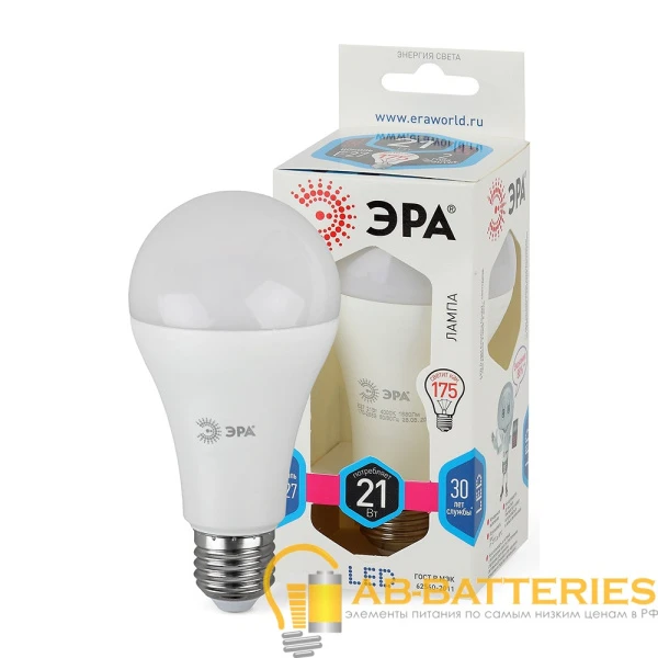 Лампа светодиодная ЭРА A65 E27 21W 4000К 170-265V груша (1/10/100)