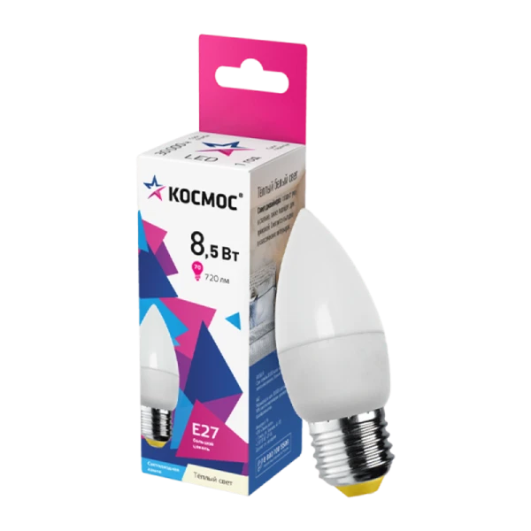 *Лампа светодиодная Космос CN E27 8.5W 3000К 220V свеча матовая (1/10/80) 