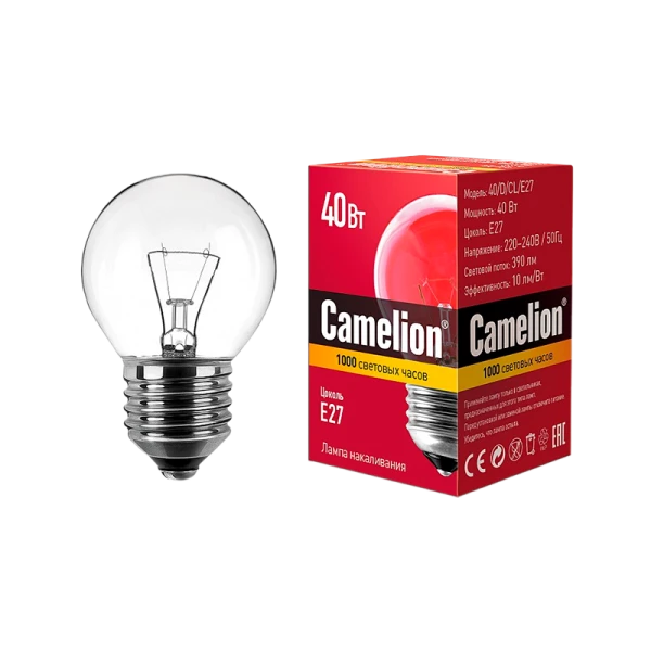 Лампа накаливания Camelion E27 40W 220V шар прозрачная (1/100)