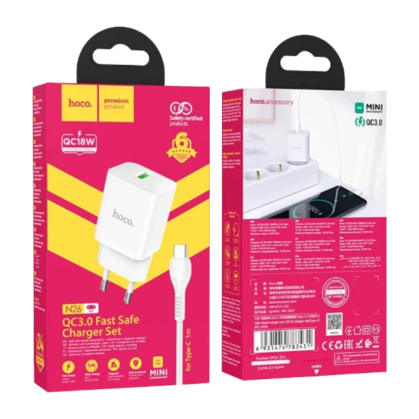 Сетевое З/У HOCO N26 1USB 18W QC3.0 с кабелем Type-C белый (1/13/130)