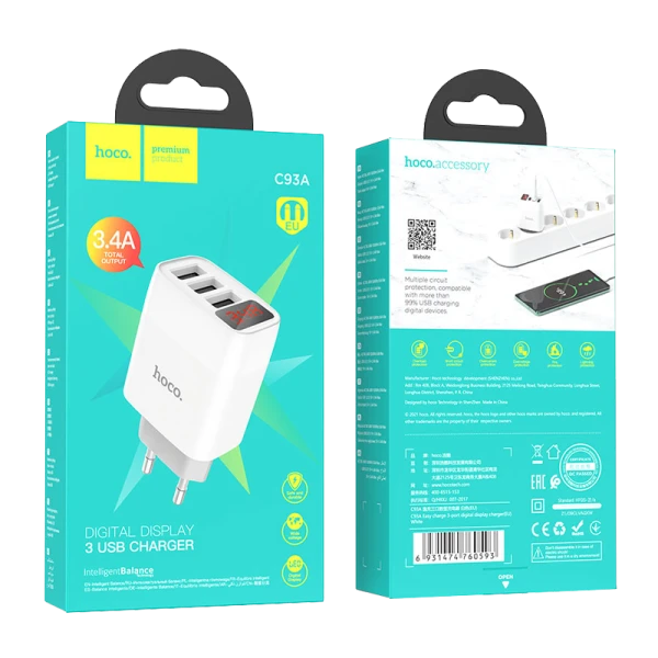 Сетевое З/У HOCO C93A 3USB 3.4A белый (1/12/120)