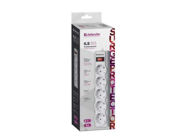 Сетевой фильтр Defender ILS 355 5р.С/З 10A с выкл. 125 Дж 5.0м белый (1/30)