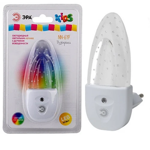 Ночник ЭРА NN-619 1LED 0.5W 220V в розетку с фотосенсором белый (1/12)