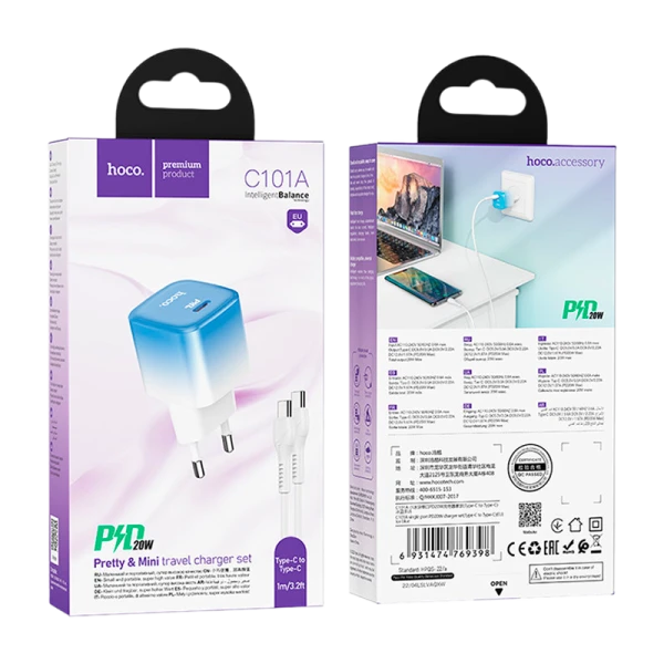 Сетевое З/У HOCO C101A Type-C 20W с кабелем Type-C-Type-C голубой (1/11/110)