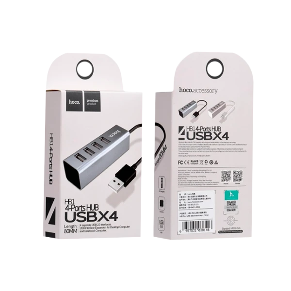 USB-Хаб HOCO HB1 4USB USB (m) серебряный (1/12/120)