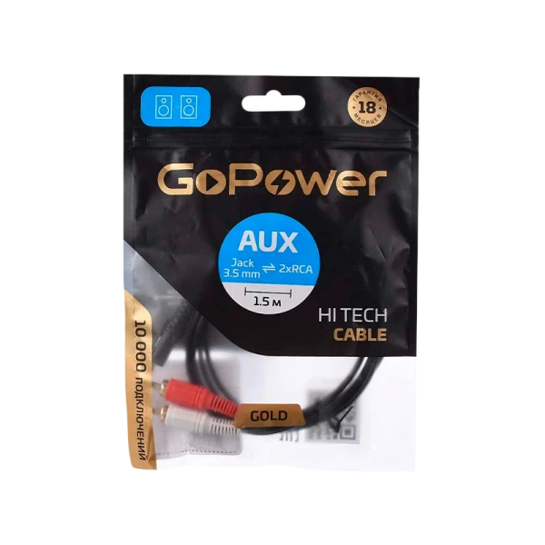 Кабель AUX GoPower Jack 3.5mm (m)-2xRCA (m) 1.5м ПВХ черный Premium Zip-Lock c подвесом (1/200)