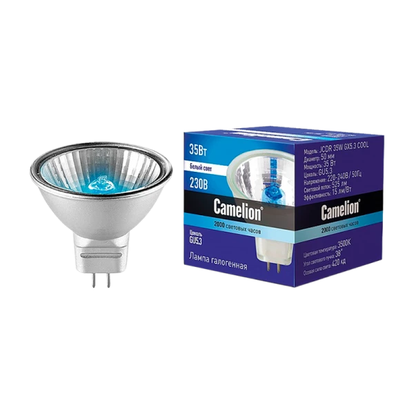 Лампа галогенная Camelion MR16 GU5.3 35W 3500К 220-240V софит 50мм прозрачная (1/10/200)