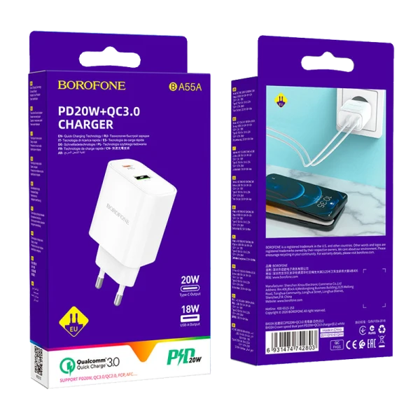 Сетевое З/У Borofone BA55A 1USB/Type-C 20W QC3.0 белый (1/35/140)