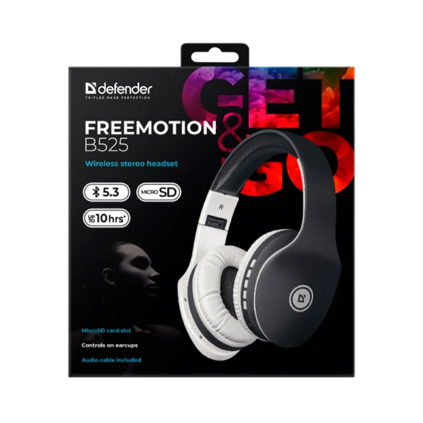 Наушники полноразмерные Defender B525 FreeMotion bluetooth 4.2 с микр. черный белый (1/40)