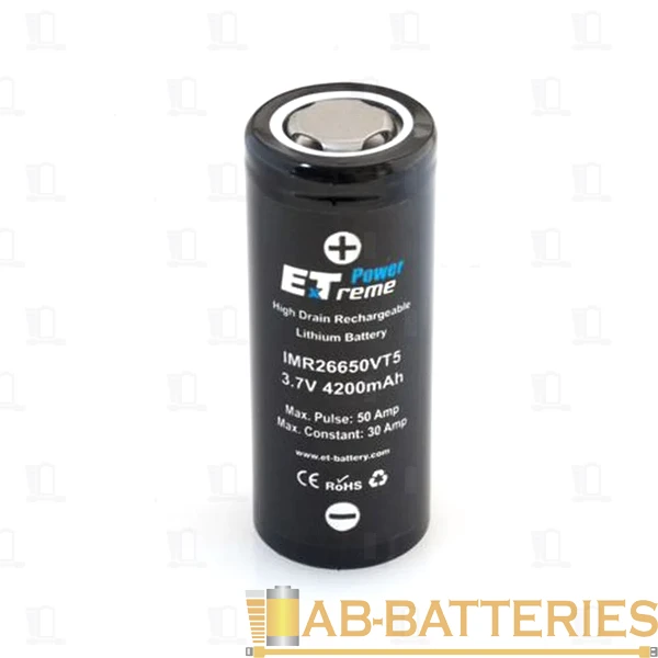 Аккумулятор ET IMR26650VT5 Deluxe Pack 2 4200мАч, высокая токоотдача, 30/50A, 26.2*65.5mm, Li-Ion
