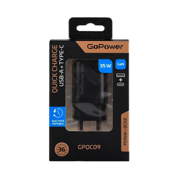 Сетевое З/У GoPower GPQC09 1USB+1Type-C 35W QC3.0 GaN черный