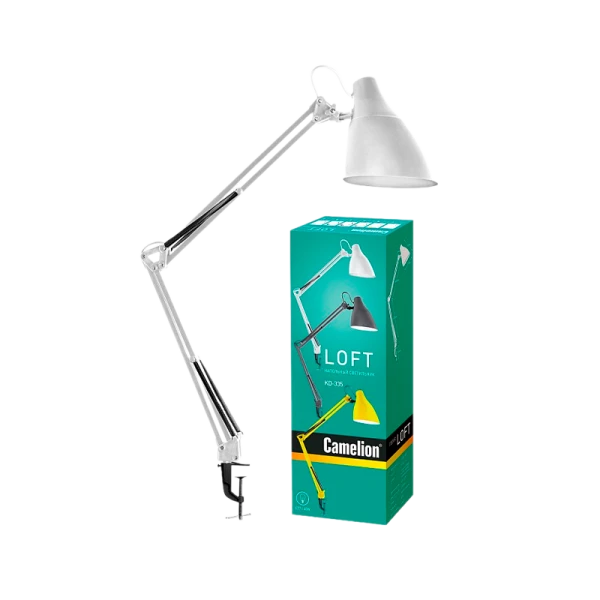 Светильник настольный Camelion KD-335 40W 230V E27 струбцина белый (1/12)