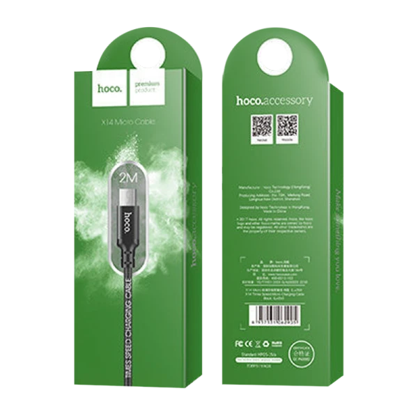 Кабель HOCO X14 USB (m)-microUSB (m) 2.0м 1.7A нейлон черный (1/33/330)