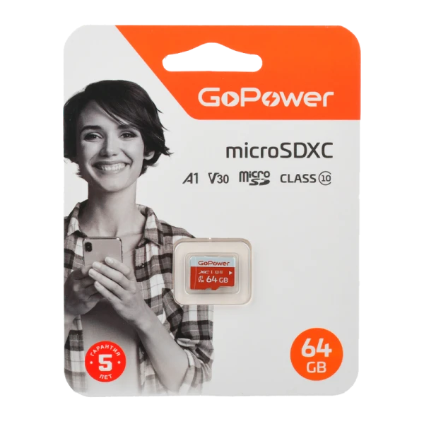 Карта памяти microSD GoPower 64GB Class10 UHS-I (U3) 100 МБ/сек V30 без адаптера