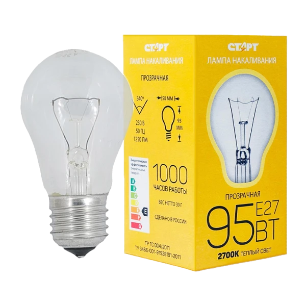 Лампа накаливания Старт E27 95W 220-240V груша Б прозрачная (1/10/100)