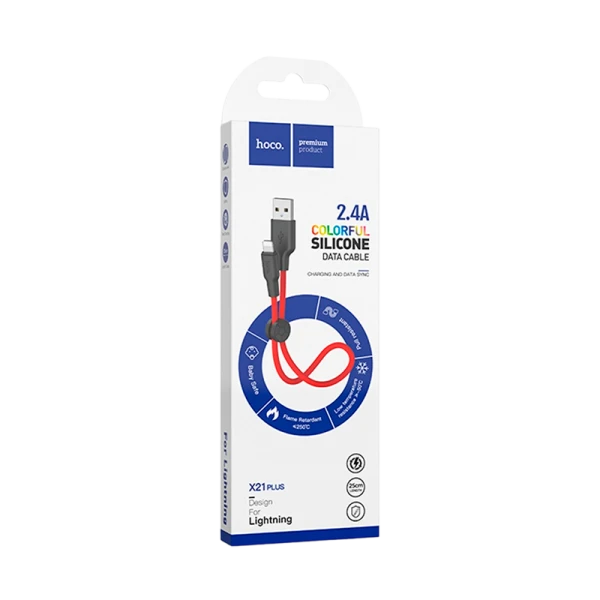 Кабель HOCO X21 Plus USB (m)-Lightning (m) 0.25м 2.4A силикон черный красный (1/30/300)