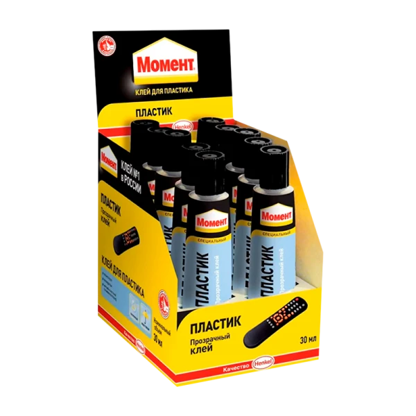 Клей Момент ПЛАСТИК контактный 30мл BOX10 шоу-бокс (10/120/3840)