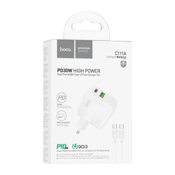 Сетевое З/У HOCO C111A 1USB/Type-C 3.0A 30W с кабелем Type-C-Type-C белый (1/20/120)