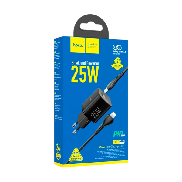 Сетевое З/У HOCO N19 Type-C 25W PD3.0 с кабелем Type-C-Lightning черный (1/12/120)