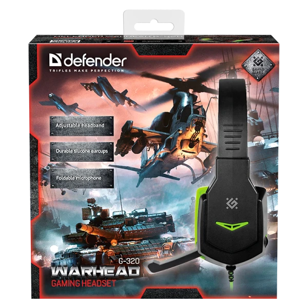 Наушники полноразмерные Defender G-320 Warhead с микр. игровые черный зеленый (1/20)