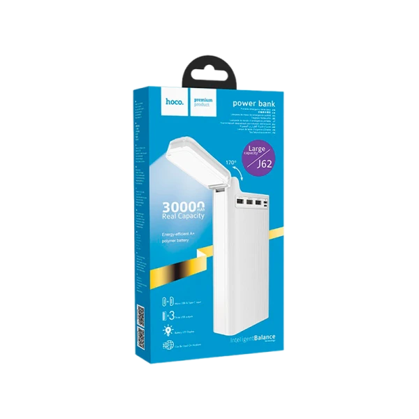 Внешний аккумулятор HOCO J62 30000mAh 2.0A 3USB/Type-C с лампой белый (1/18)
