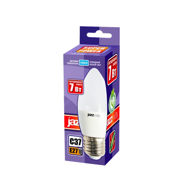 Лампа светодиодная JAZZway C37 E27 7W 5000К 230V свеча матовая (1/10/100)