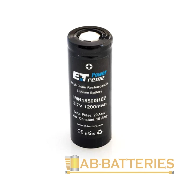 Аккумулятор ET IMR18500HE2 Deluxe Pack 2&nbsp;&nbsp;бытовой+ 1200mAh, Li-Ion, в пласт боксе на 2шт (2/200)