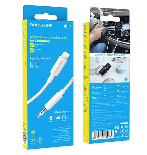 Переходник AUX Borofone BL9 Jack 3.5mm (m)-Lightning (m) 1.0м TPE белый (1/360)
