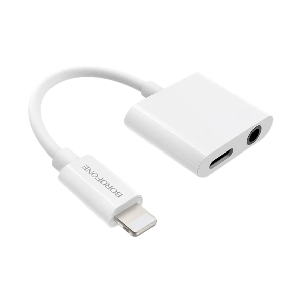 Переходник AUX Borofone BV12 Jack 3.5mm (f)-Lightning (m)/Lightning (f) силикон белый (1/76/304)