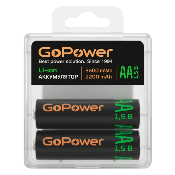 Аккумулятор бытовой GoPower AA БОКС2 Li-ion 1.5V 2200mAh (2/100/200)