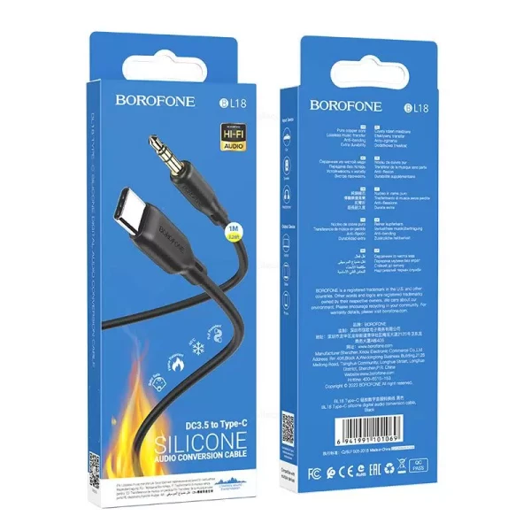 Кабель AUX Borofone BL18 Jack 3.5mm (m)-Type-C (m) 1.0м силикон черный (1/63/252)
