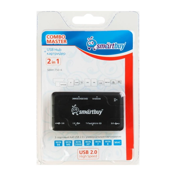 Картридер Smartbuy 750 USB2.0 SD/microSD/MS/M2 Combo с USB хабами черный (1/5)
