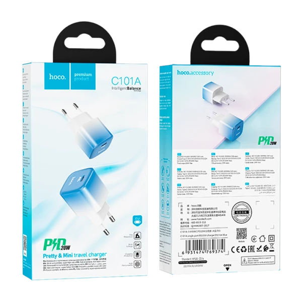 Сетевое З/У HOCO C101A Type-C 20W голубой (1/11/110)