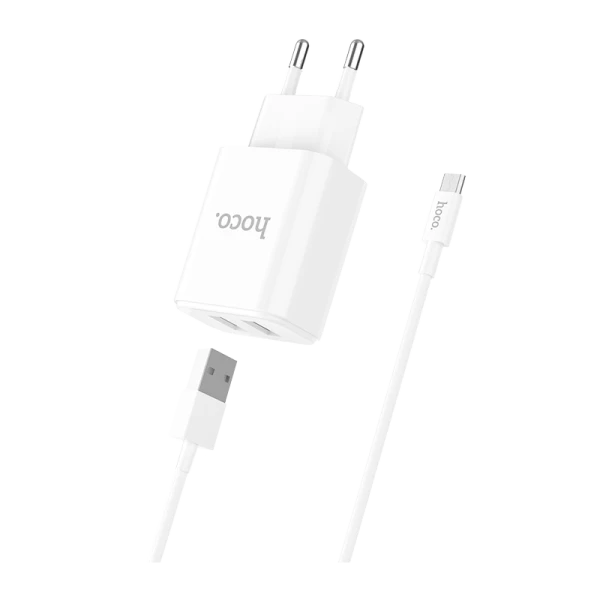 Сетевое З/У HOCO C62A 2USB 2.1A умная зарядка (IC) с кабелем microUSB белый (1/21/126)