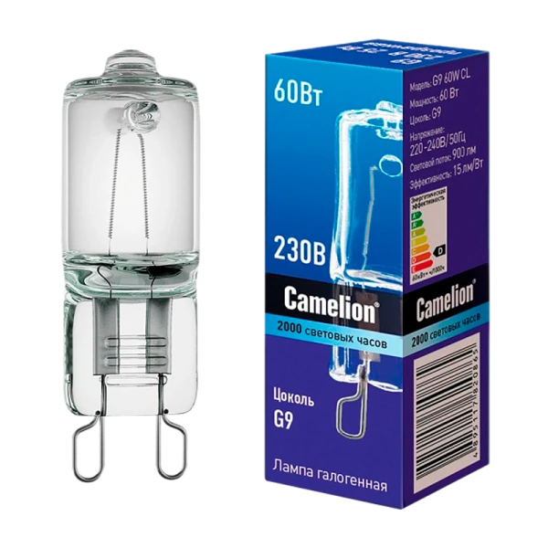Лампа галогенная Camelion G9 60W 2800К 220-240V капсула прозрачная (1/5/100)