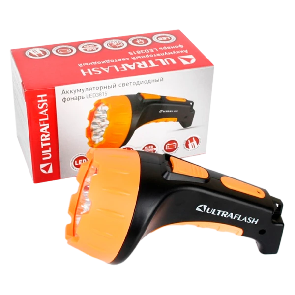 Фонарь туристический Ultraflash LED3815 2W 15LED от аккумулятора IP22 прямая подзарядка черный желты