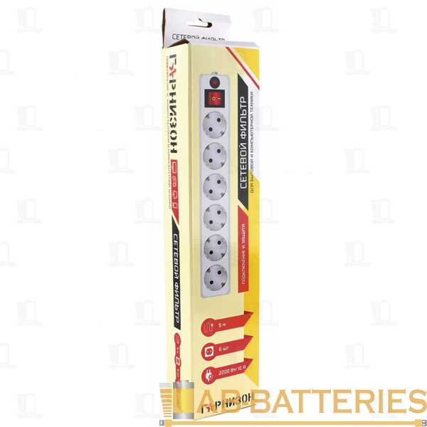 Сетевой фильтр Гарнизон ЕНB-15 6р.С/З 10A с выкл. 90 Дж 5.0м ПВС 3x0.75мм² белый (1/30)