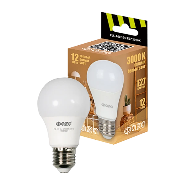 *Лампа светодиодная Фаzа A60 E27 12W 3000К 220-240V груша (1/10/100) 