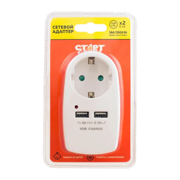 Разветвитель Старт SA 1р.С/З 16A 2USB с защитой от детей белый (1/10/60)
