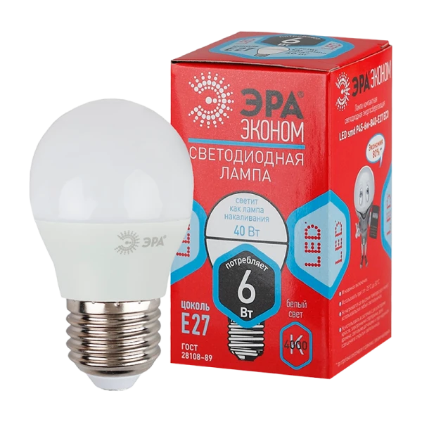 Лампа светодиодная ЭРА P45 E27 6W 4000К 220-240V шар Eco (1/10/100)