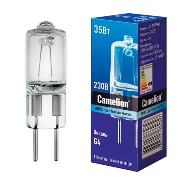 Лампа галогенная Camelion JD G4 35W 2800К 220-240V капсула прозрачная (1/5/100)