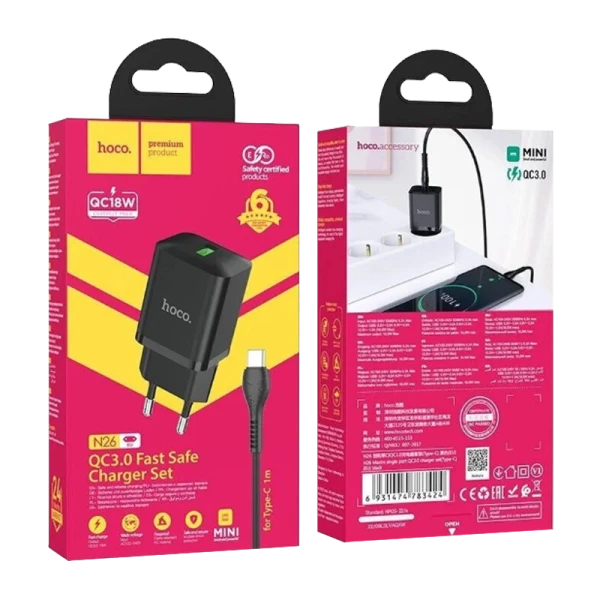 Сетевое З/У HOCO N26 1USB 18W QC3.0 с кабелем Type-C черный (1/13/130)