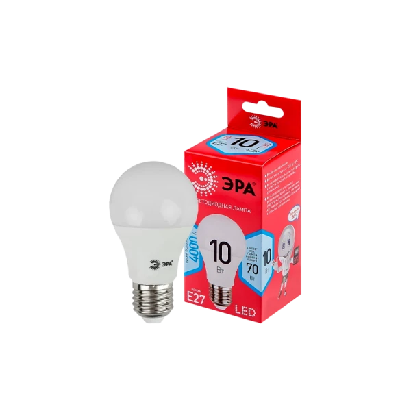 Лампа светодиодная ЭРА A60 E27 10W 4000К 220-240V груша (1/10/100)