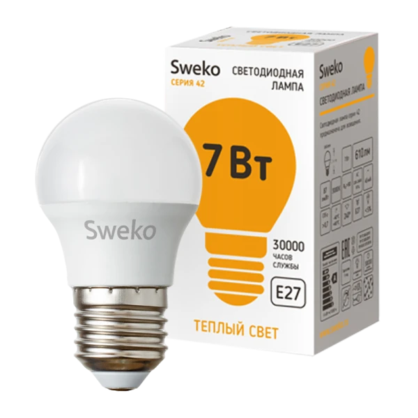 Лампа светодиодная Sweko G45 E27 7W 3000К 230V шар (1/5/100)