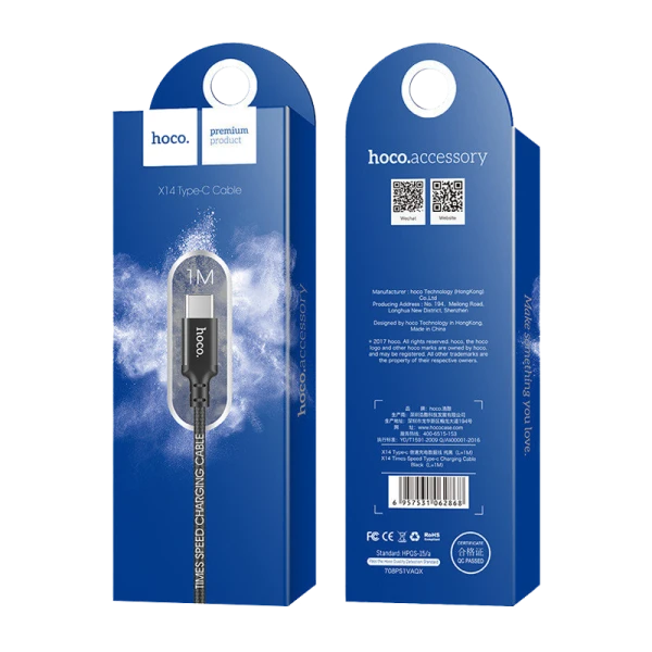Кабель HOCO X14 USB (m)-Type-C (m) 1.0м 2.0A нейлон черный (1/33/330)