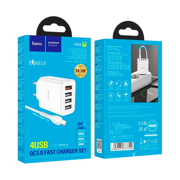 Сетевое З/У HOCO C102A 4USB 2.1A 28W QC3.0 белый (1/13/130)