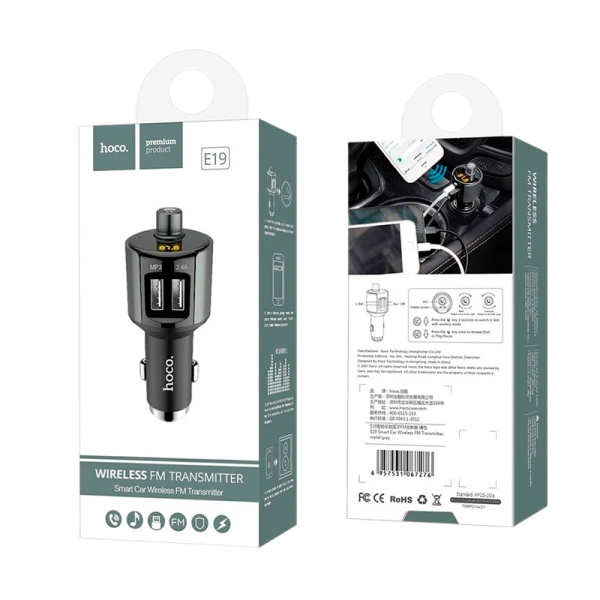 Автомобильное З/У HOCO E19 2USB 2.4A с FM-трансмиттером серый (1/21/126)
