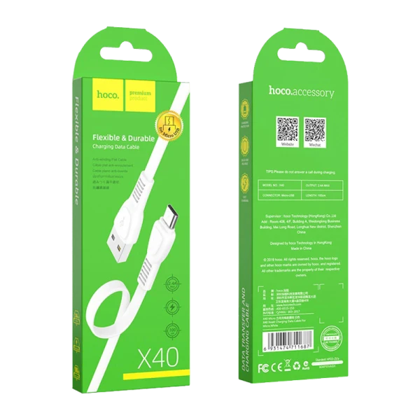 Кабель HOCO X40 USB (m)-microUSB (m) 1.0м 2.4A TPE белый (1/33/330)