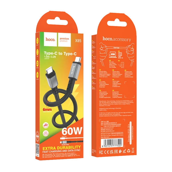 Кабель HOCO X85 Type-C (m)-Type-C (m) 1.0м 60W TPE черный (1/35/350)